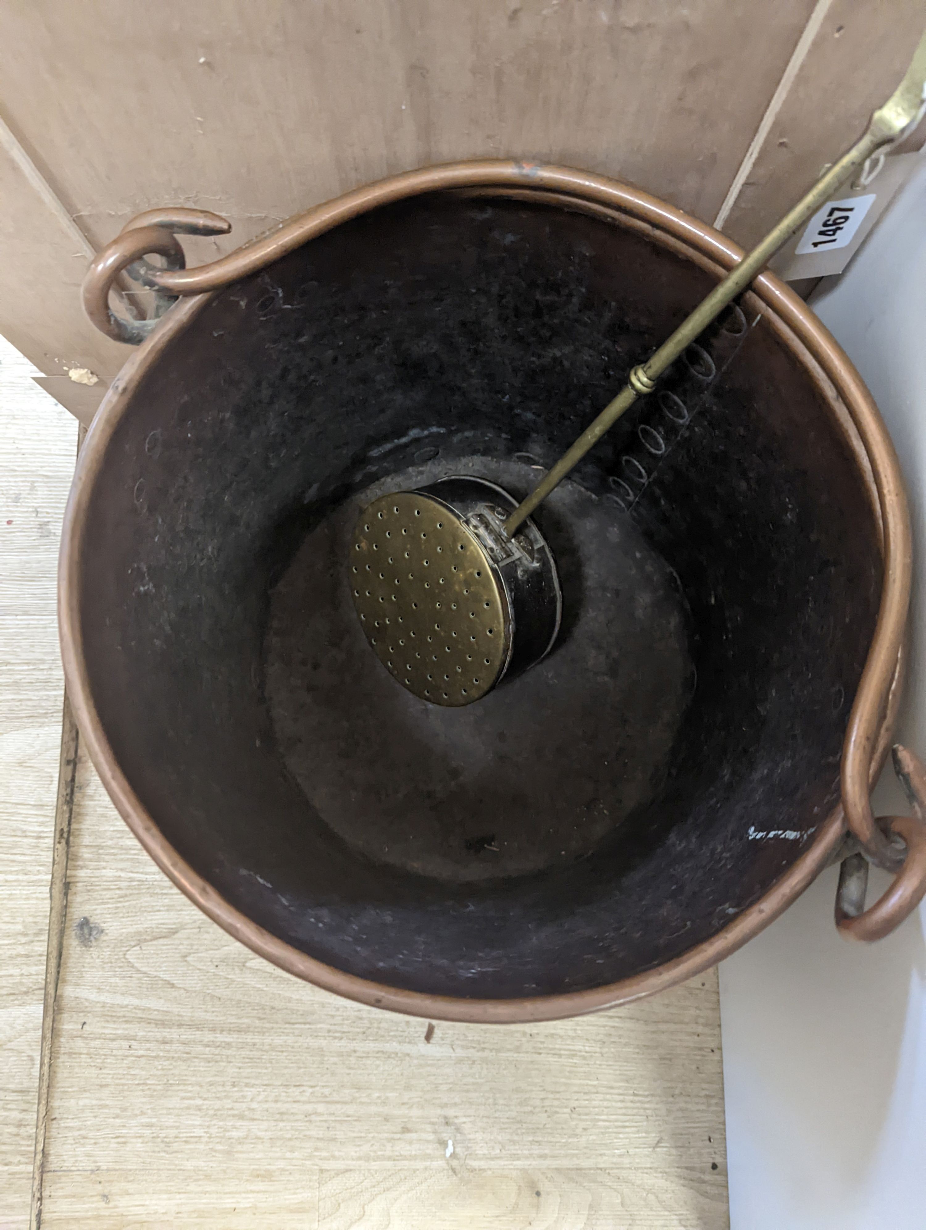 A Victorian cylindrical coal bucket, and a chestnut roaster, pail 30 cms high.